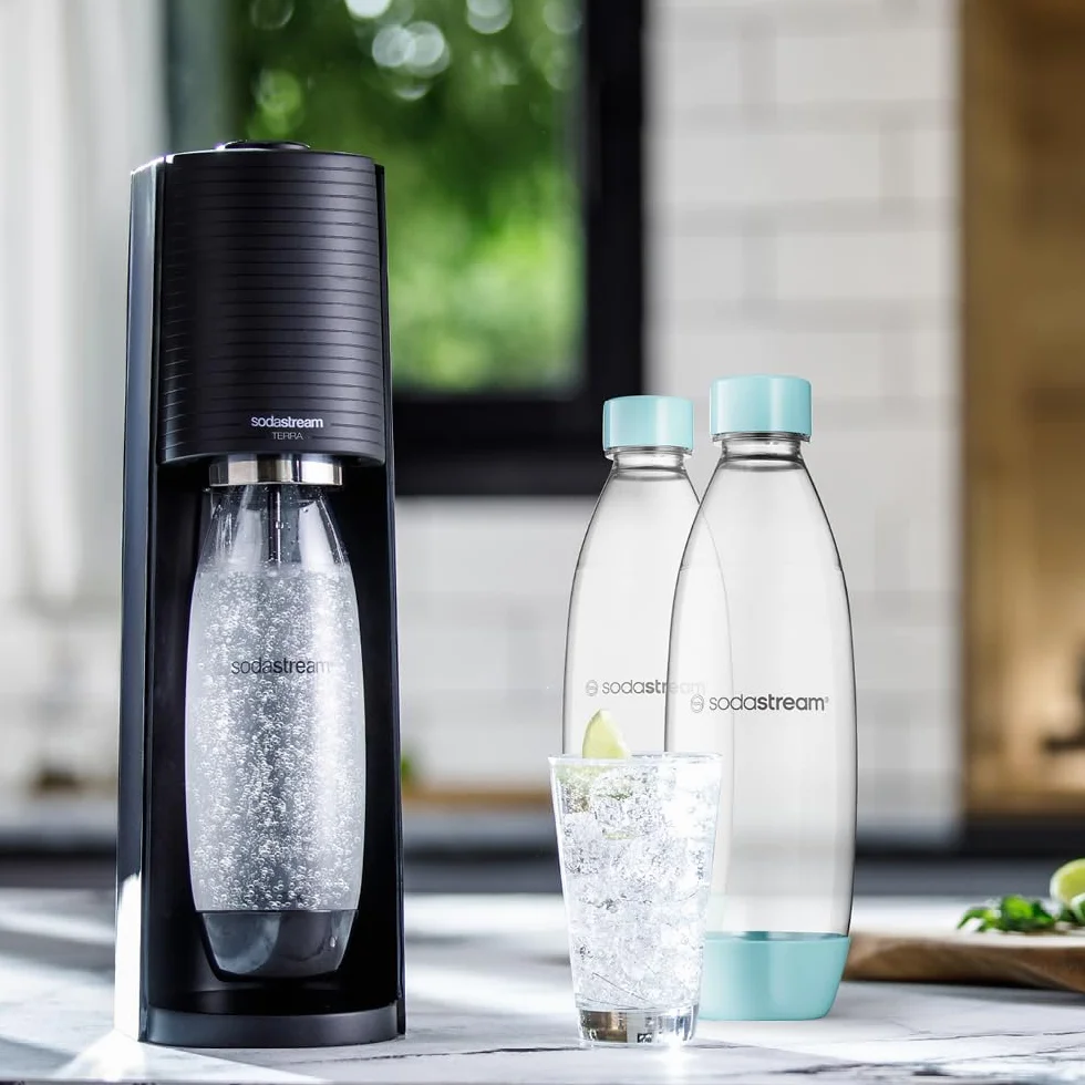 Sodastream Fuse Fresh Blu - 2 bottiglie d’acqua lavabili in lavastoviglie, capacità 1 litro, bottiglie per la gasatura compatibili con Gaia, Terra, Art ed Enso, ecologiche, colore nero.