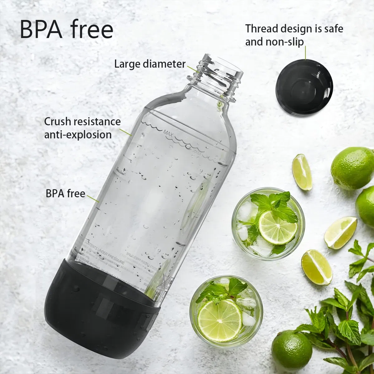 Mycket Bottiglie per la produzione di soda, bottiglie per carbonatazione, 1 l, riutilizzabili, in PET senza BPA, per macchina per soda, confezione da 2, nero e bianco