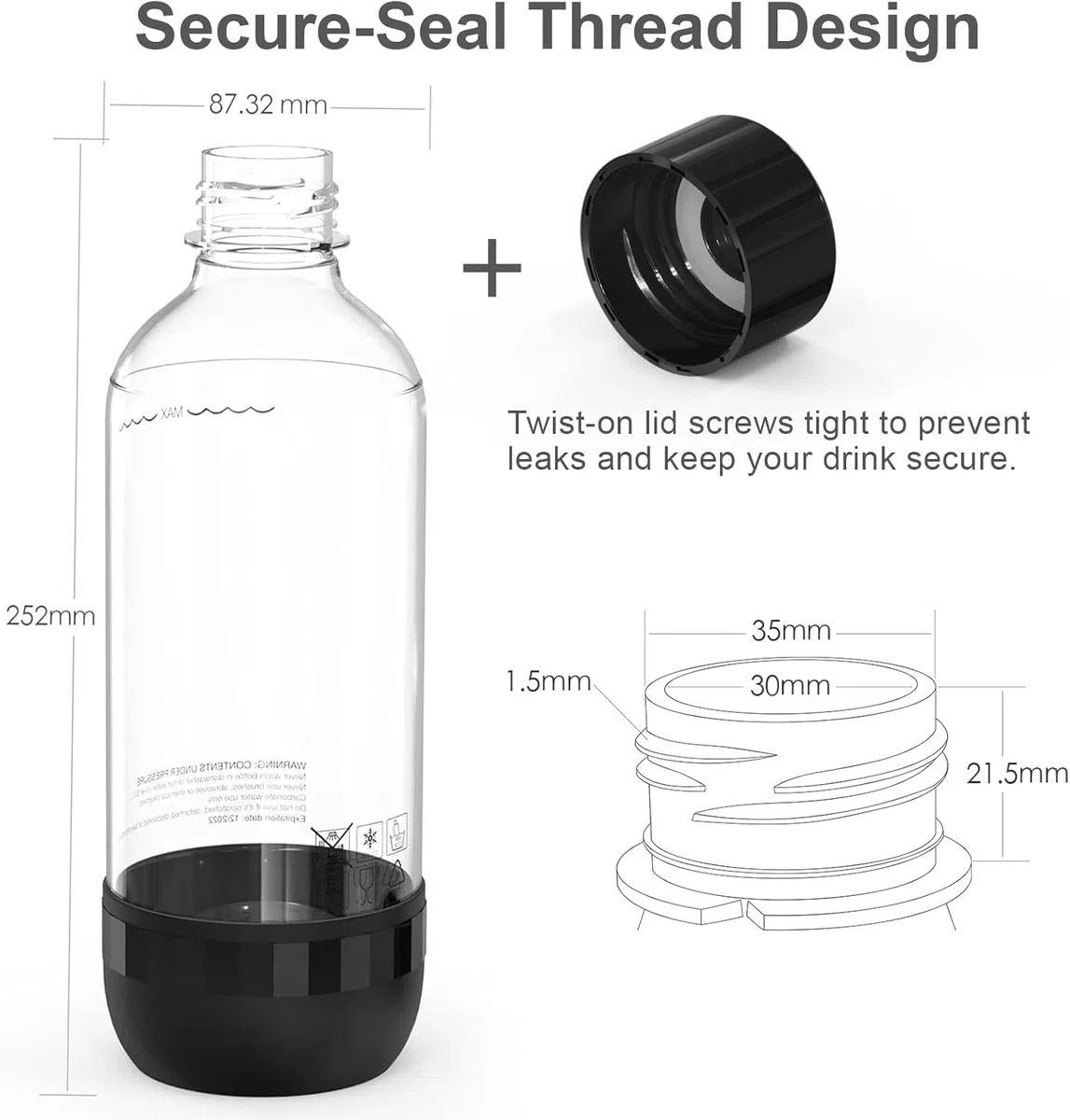 Mycket Bottiglie per la produzione di soda, bottiglie per carbonatazione, 1 l, riutilizzabili, in PET senza BPA, per macchina per soda, confezione da 2, nero e bianco