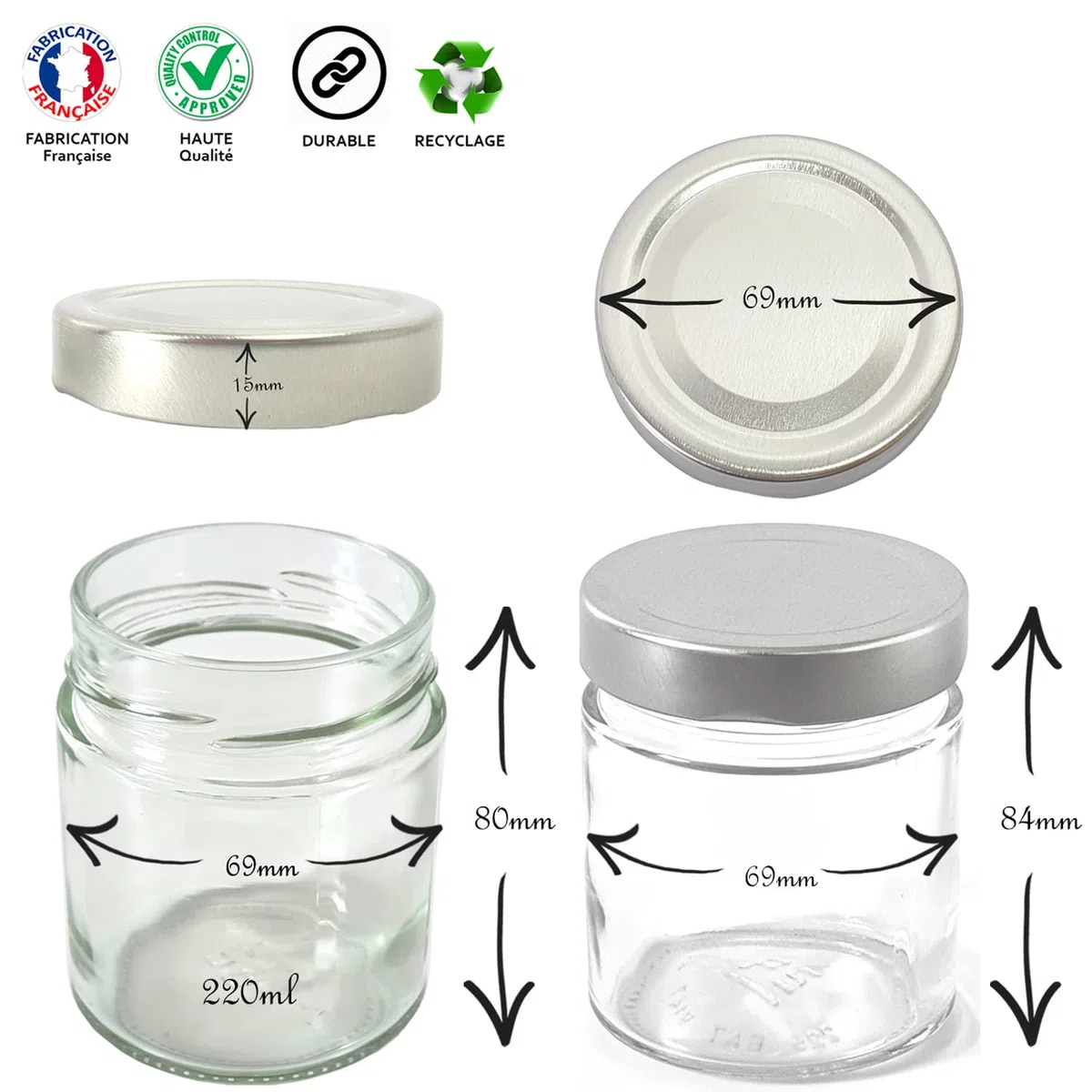 SPECIAL-DAY 6 vasetti di yogurt di grandi dimensioni XL da 220 ml con coperchio a vite in vetro vaso marmellata compatibile con qualsiasi yogurtiere-multicooker Thermomix, SEB, cookéo ecc