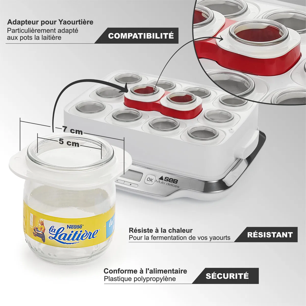 SEB MULTIDELICES colini per yogurtiera con coperchi ermetici | Compatibile con vasetti di Yogurt in Vetro Satinato | Ricicla i Tuoi barattoli Come Desideri