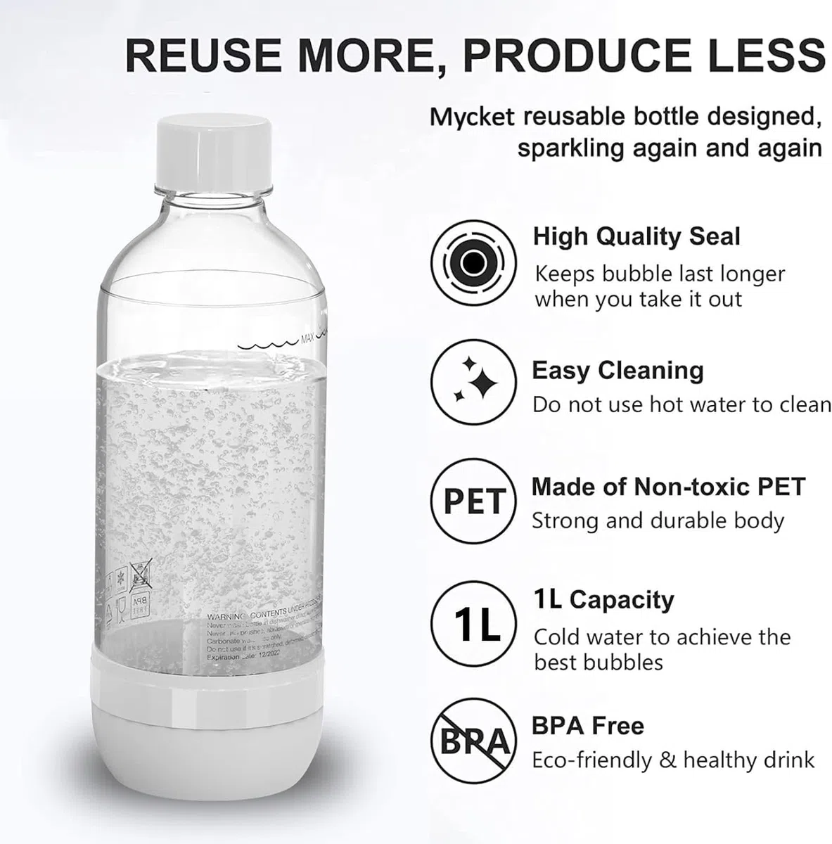 Mycket Bottiglie per la produzione di soda, bottiglie per carbonatazione, 1 l, riutilizzabili, in PET senza BPA, per macchina per soda, confezione da 2, nero e bianco