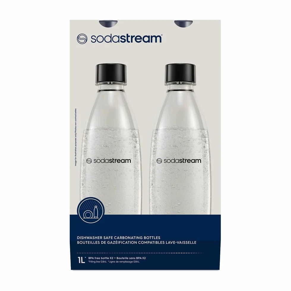 Sodastream Fuse Fresh Blu - 2 bottiglie d’acqua lavabili in lavastoviglie, capacità 1 litro, bottiglie per la gasatura compatibili con Gaia, Terra, Art ed Enso, ecologiche, colore nero.